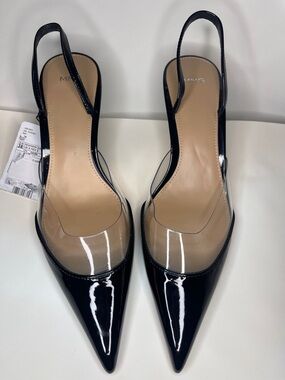 Mango Black Patent Pointed Slingback Pumps with Clear Vamp